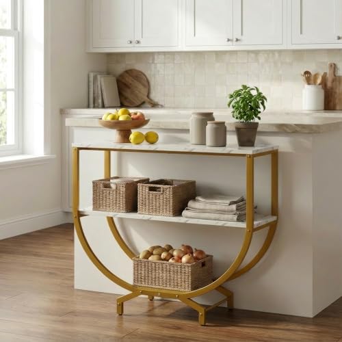 Image of Modern Console Table for Entryway, White Marble Finish Top with Gold Metal Frame | Narrow Console Table with Storage Shelf | Wooden MDF Console Tables for Living Room, Bedroom & Home Decor | DIY