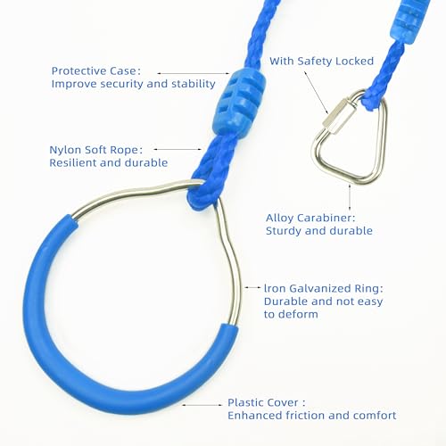 Outdoor Indoor Gym Fitness Ninja Gymnastic Ring Swing Trapeze Bar Ring For Kids, Play Sets Playground Training Equipment Backyard Obstacle Course Ring Hanging Monkey Ring Jungle Fist (1 Blue)