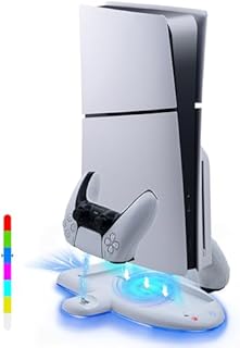 Mcbazel Stacja ładująca PS5 Tylko do Playstation 5 Slim, 3-Stopniowa Regulacja Podstawka Chłodząca z RGB PS5 Slim Stacja Ladująca z Dwoma Kontrolerami Funkcja Ustawiania Pamięci Stacji Dokującej