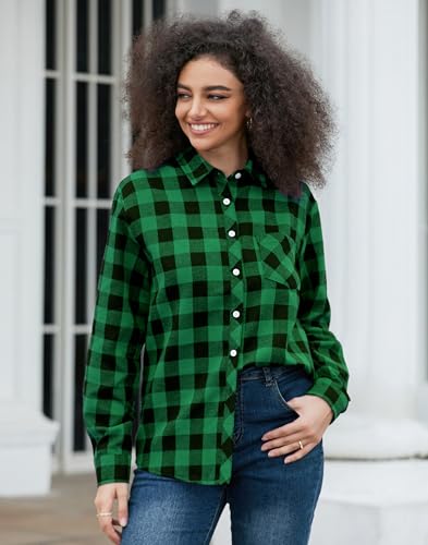 Image of SANGTREE Women and Girls Long Sleeve Flannel Casual Button Down Plaid Shirt