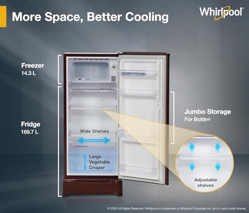 Image of Whirlpool 184 L 5 Star Direct-Cool Single Door Refrigerator with Intellisense Inverter Compressor (205 WDE ROY 5S Inv WINE SPRING-Y, Red, 2026 Model)