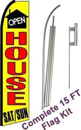 NEOPlex - "Open House Saturday & Sunday (Extra Wide)" Complete Flag Kit - Includes 12' Swooper Feather Business Flag with 15-Foot Anodized Aluminum Flagpole and Ground Spike