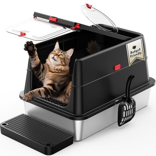 Stainless Steel Cat Litter Tray: Enclosed Litter Box with Flip Lid Self Cleaning and High Sided Top Entry Design, XL Extra Large Metal Kitty Litter Tray for Big Cats, Built-in Carbon Filter Pouch