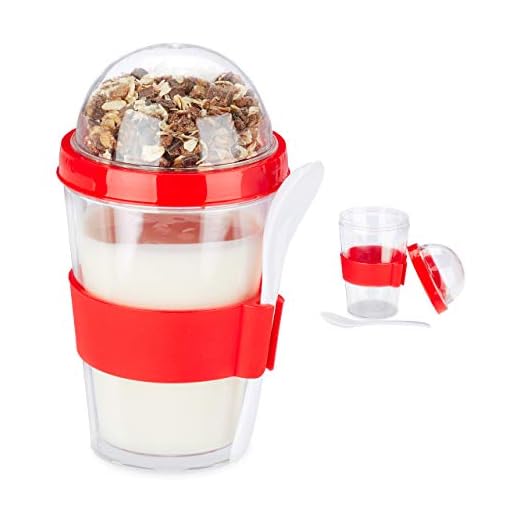 Relaxdays Pack de 2 Porta Yogur y Cereales, Vaso Portayogurt Cuchara para Llevar, Poliestireno, 400 ml, 16 x 8 cm, Rojo