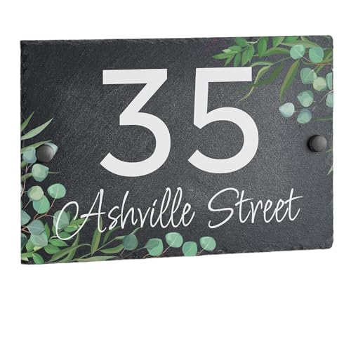 Image of House Signs Direct Bespoke Slate House Sign, Rustic Grey, Floral Motif