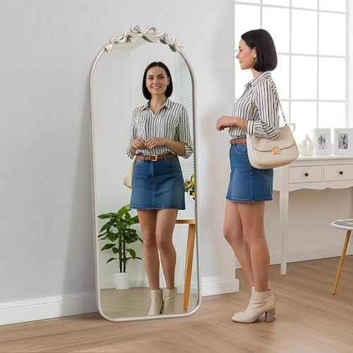 Image of Besdomus Arched Mirror Full Length: 21 inchx56 inch Vintage Bow Silver Floor Mirror | French Antique Baroque Traditional Ornate Standing for Entryway /Cloakroom /Bedroom - Ideal for Fashion-Conscious Ages 18-45