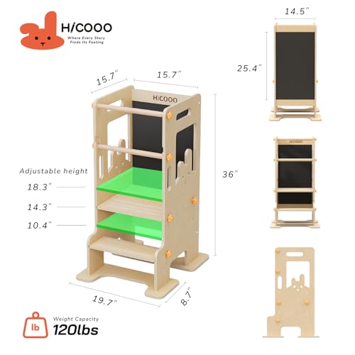 Image of Kids Kitchen Step Stool - Learning Standing Tower with Blackboard, Height Adjustable Safety Rail Stool for Kids, Non-Slip Adjustable Stool for Kitchen, Bathroom