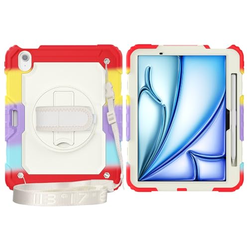 Coque iPad Air 11 M3 M2 antichoc rouge camouflage avec support rotatif et bandoulière