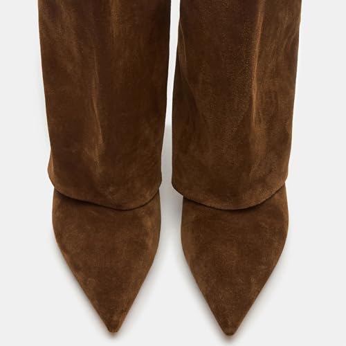 Brown Suede Knee High Boots for Women Comfortable Pull on Pointed Toe 2 Inch Kitten Heel Fold Over Boots.4