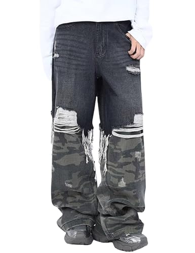 Y2k Camo Jeans Men Wide Leg Denim Pants Graphic Ripped Baggy Jeans Streetwear Women