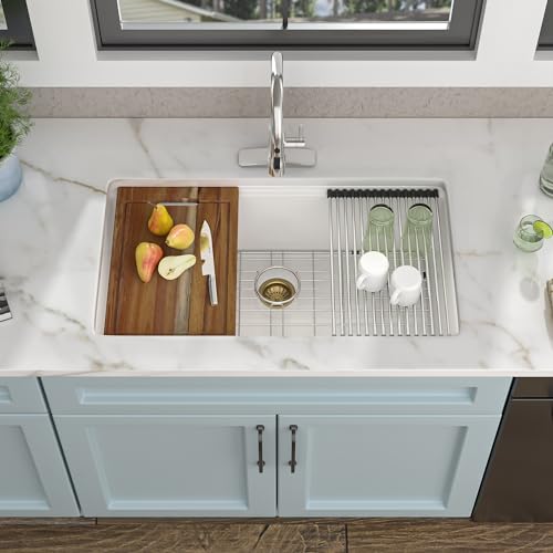 33 Granite Composite Kitchen Sink - Fulorni 33"x19" Kitchen Sink Undermount Ledge Workstation White Granite Quartz Composite Under Counter Single Bowl Sink Basin by Fulorni - Used condition - Image 2