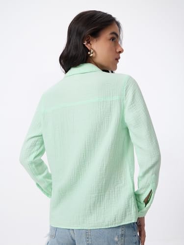 Image of The Souled Store Textured Shirt: Women and Girls Full Sleeves Spread Collar Solid Cotton Regular Fit Lightweight All-Season Shirt for Casual Wear