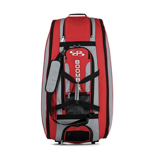 Boombah Beast Rolling Bat Bag - 40" x 14" x 13" - BB2C23 Gray/Red - Holds 8 Bats, Glove and Shoe Compartments
