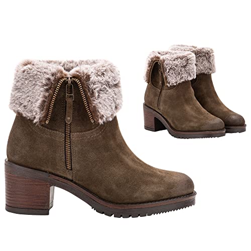 Vintage Foundry Co. Jeanette Women’s Fashion Classy Elegant Biker Rugged Fur-Lined Olive-Green Soft Leather Side Zip-Up Ankle-Boots, Round-Toe, Chunky Heels Platform, Rubber Lug Sole; Size 10 #TOP1