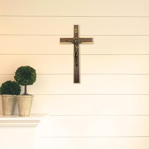 Cruz Crucifixo de Parede Madeira Metal Com Medalha de São Bento Para Pendurar em Porta 23cm