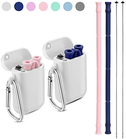 Yoocaa Reusable Silicone Collapsible Straws - 2 Pack Portable Drinking Straw with Colorful Carrying Case and Cleaning Brush, BPA Free - Pink Blue