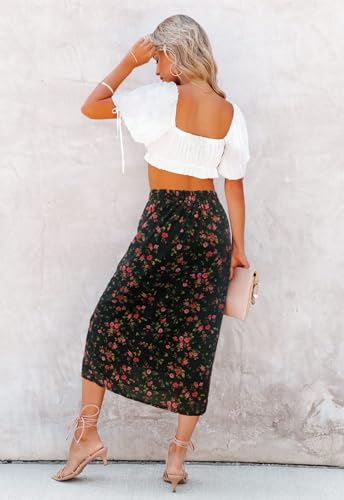 Image of HERBATOMIA Women's Floral Print Midi Skirt Casual High Elastic Waist Zipper Vintage Long Boho Skirts for Women