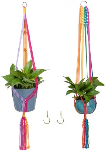 Rainbow Colorful Macrame Plant Hanger with 2 Hooks, Hanging Plant...