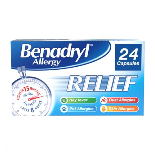 Benadryl Allergy Relief Capsules (1 x 24) Antihistamine Capsules with Acrivastine Hayfever Tablets for Relief Suitable for Pet Dust and Skin Allergies