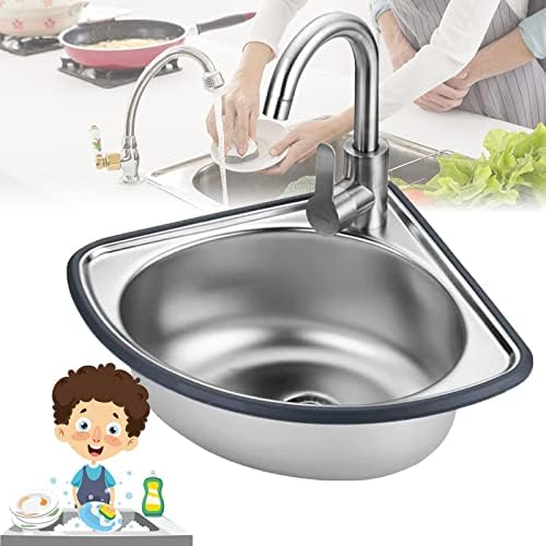 Kitchen Corner Sink, Single Bowl Stainless Steel Sink, with Drainer Unit And Tap, Triangle Bathroom Wash Basins for Outdoor Indoor, Garage, Laundry/Utility Room, Restaurant 34x34cm-depth13cm