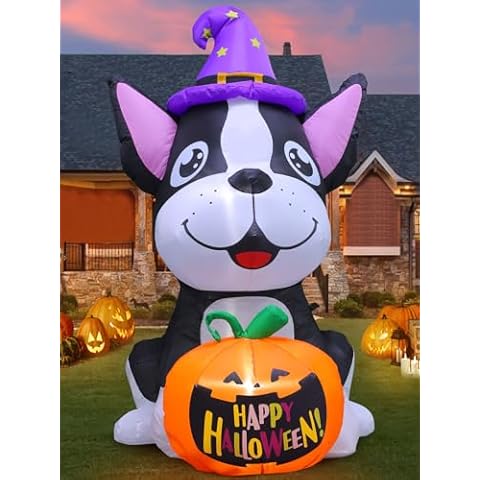 Halloween Inflatables Outdoor Decor 4.4FT Dog Hold Pumpkins Blow Up Yard Decorations with LED Lights Halloween Outside Lawn Party Decor Cover