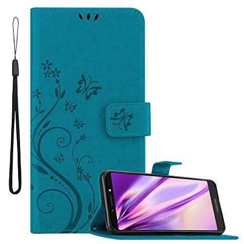 Cadorabo Hülle kompatibel mit Motorola Moto E5 Plus Blumen Design aus Kunst Leder Flip Klappbare Magnetische [Standfunktion] [Kartenfächern] Cover Hülle für Motorola Moto E5 Plus Tasche in Blau
