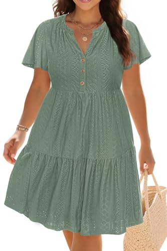 Image of Plus Size Summer Dress Casual Short Sleeve Button Midi Sun Dresses Women