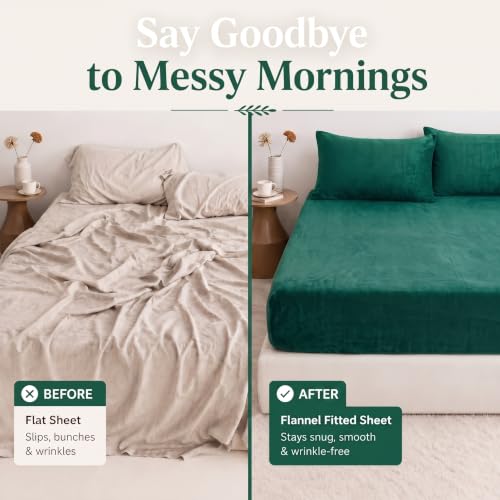Image of BSB HOME 280 GSM Warm Plush Fitted Bedsheet, Soft Cozy Stretchable Mattress Sheet with Elastic Fitted Corners, Comfortable Winter Bedding for Double Bed, 72 x 78 + 8 Inches(183x198+20 cm) - Jade Green