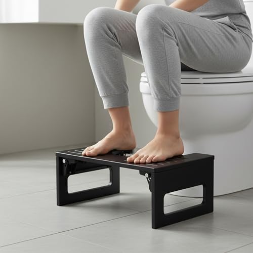 Tabouret WC pliable chic Relaxdays en bambou noir antidérapant 18cm