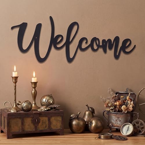 Hotop Welcome Sign Metal Wall Decor Front Door Spring Welcome Sign Cutout Letters Hanging Art Wall Rustic Metal Spring Decor for Porch Fence Home Office Living Room Wedding 15.7 x 5.9 Inch
