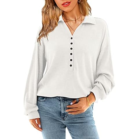 Florboom Shirts for Women V Neck Long Sleeve Plain Casual Tops Blouse, White 20 22 Cover