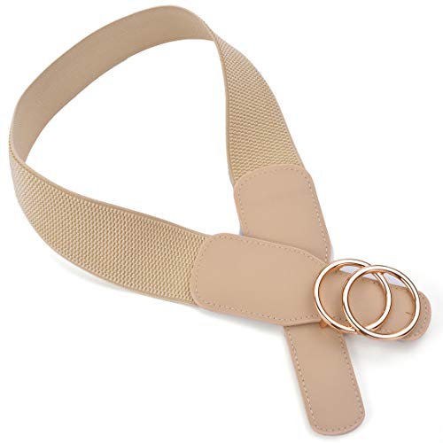 Beltox Women’s Elastic Stretch Wide Waist Belts W Double Rings Gold/Silver Buckle (Khaki W Gold Buckle, Xs-L(27-35 Inch Stretch Range)) #TOP1