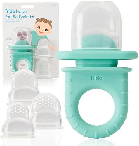 Frida Baby Push Pop Feeder, Baby Fruit Food Feeder to Safely Introduce New Foods, Fresh + Frozen, Silicone, BPA Free, Dishwasher Safe | 3 Count, Teal