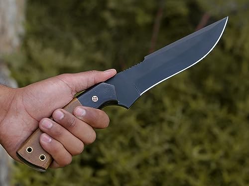 HMC Handmade, High Carbon Steel Knife, Powder Coated Rust Free Blade, Fixed Blade Hunting Knives, Full Tang Deer Hunting Knife, Bush Craft Knife, Survival Knife, Tactical Knife For Men, Scout Carry Knife, Razor Sharp Custom Bowie knives, Bowie Knife with Scout Carry Sheath, Outdoor Knife with Micarta Handle for Firm Grip, Non Slip Handle (Black & Brown)