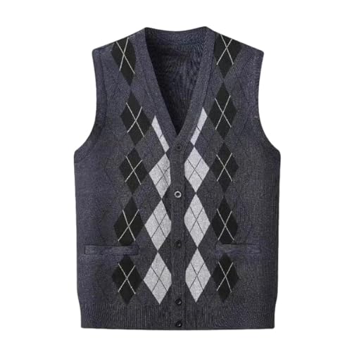 Men Middle-Aged Loose Vest Plaid Knitted Cardigan Vest V-Neck Sweater Waistcoat