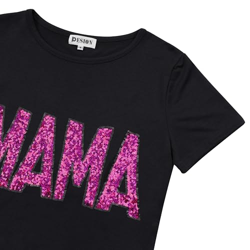 Image of PESION Womens Short Sleeve T-Shirt Sequined Tops O-Neck Funny Graphic Tees Blouse