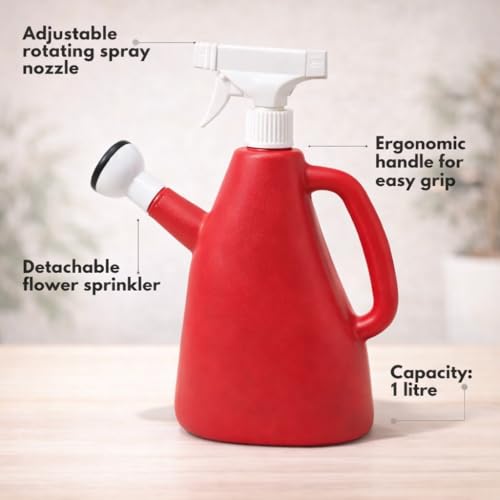 Image of Urban Upvan Watering and Spray Dual-Use Watering Can 1L | Garden Watering Sprayer Bottle with Adjustable Nozzle | Indoor Outdoor Plant Watering Tool for Home, Balcony & Garden (Red)