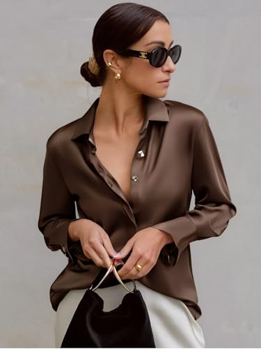 Esabel.C Satin Silk Button Down Shirts for Women Casual Silky Long Sleeve Work Tunic Top2