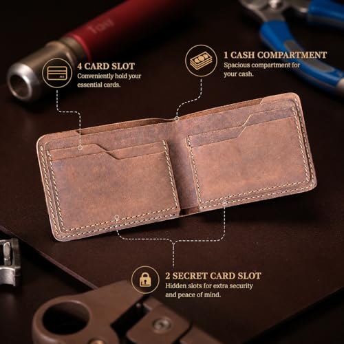Image of Men's Bi-Fold Wallet - Genuine Rustic Brown Leather, 6 Card Slots & Cash Compartment, Easy Access Design, Hand Crafted- Stylish & Durable Wallet Gift