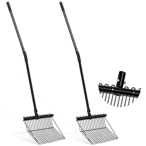 Lasnten Set di 2 forchette per letame con manico lungo, forcone, rastrello per giardinaggio, stalla per cavalli, stalla per erba stabile, fieno, pulizia dei lavori agricoli (testa in metallo)