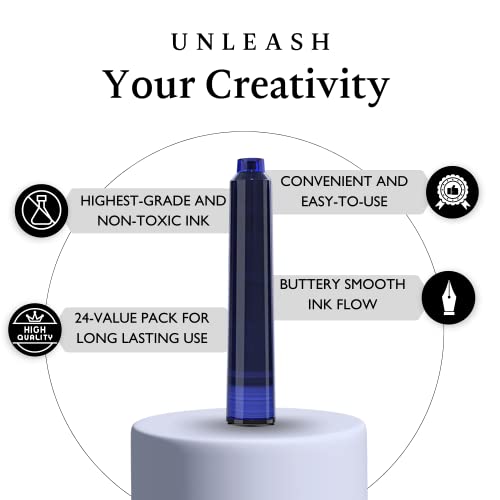 Image of Ellington Pens 24 Blue Fountain Pen Ink Refills - 24 Pack International Standard Size Cartridges - Ink for Fountain Pens - Premium Quality & Non-Toxic, Long-Lasting & Waterproof, Dries Quickly