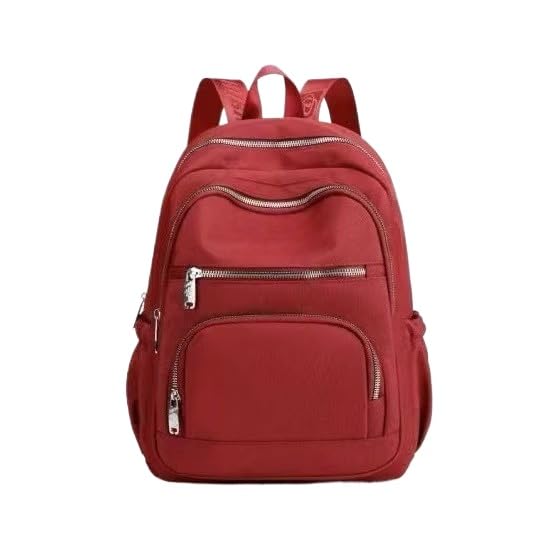 Mochila Feminina Casual de Nylon Impermeável Grande Capacidade para Faculdade e Viagem(Vermelho)