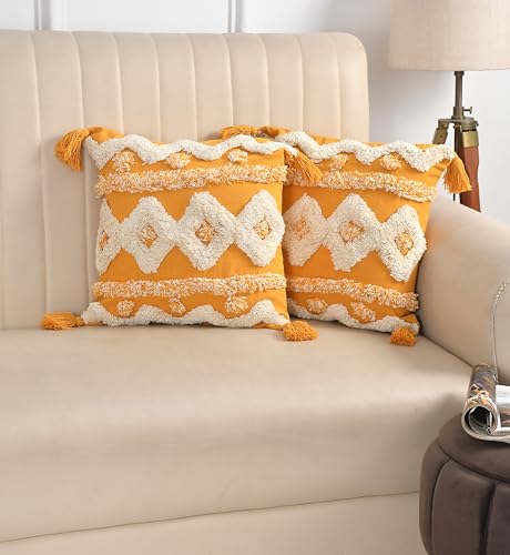 Image of TIB Premium Boho Decorative Throw Cushion Covers, 16 x 16 cm, Set of 2, Cotton. (Yellow Abstract)-230 TC