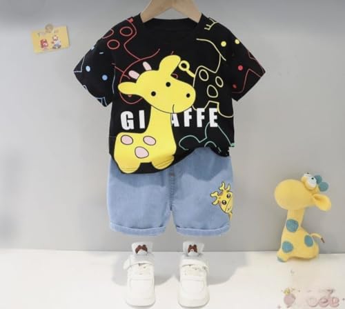 Image of I.T T-shirt and Short Set for Baby Boys & Baby Girls, Hoseiry & Denim Printed Half Sleeves Clothing Set for Kids