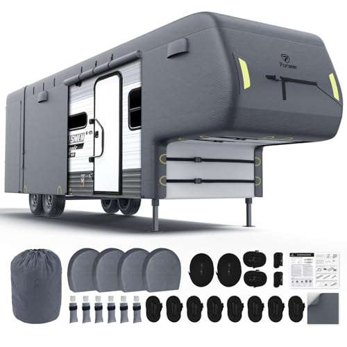 Fonzier 5th Wheel RV Cover 40-43ft, 7 Layer Top Heavy Duty 5th Wheel Cover, Extra-Thick Waterproof Windproof Anti-UV Rip-Stop Camper Cover with 2Pcs Extra Straps, 6 Gutter Covers & 4 Tire Covers
