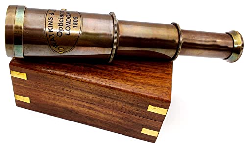 Nautical Brass Spyglass Telescope With Wooden Box, Brass Pirate Brass Telescope, Spyglass Collapsible Monocular Decorative Telescope With Glass Optics For Kids (Antique Finish) #TOP4