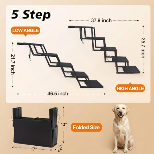 Hundetreppe Auto Klappbar- Hundetreppen Große Hunde [bis 90kg] und alte Hund - Gelenkschonende Einstiegshilfe Hunde Auto, SUV, LKW Kofferraum- Hundeleiter Faltbar mit Anti-rutsch Einsatz - 5 Stufen