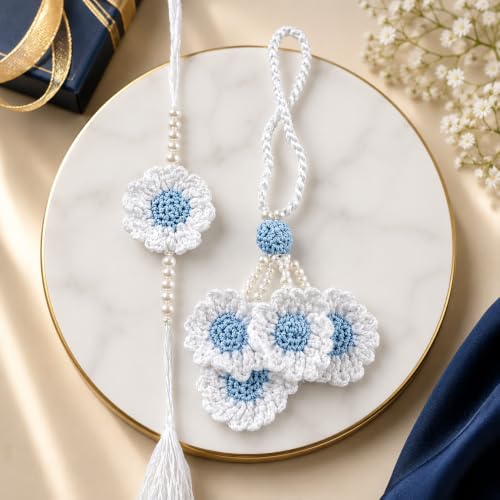 Image of Handmade Crochet White Sky Blue Flower Rakhi for Brother | Premium Cotton Thread Floral Designer Rakhi with Pearl Beads | Soft Skin-Friendly Lightweight Raksha Bandhan | Traditional Handcrafted Gift