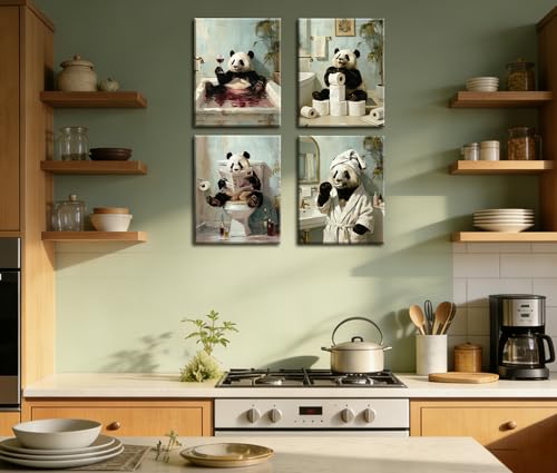 Image of Frimeeme 4 Piece Framed Funny Panda Canvas Wall Art, 8x10 Inch