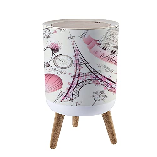 Image of Small Trash Can with Lid for Bathroom Kitchen Office Diaper Paris Symbols Seamless Romantic Travel Paris Bedroom Garbage Trash Bin Dog Proof Waste Basket Cute Decorative, 8.66x14.3inch